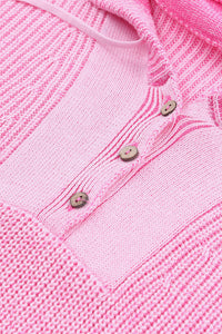 Pink Henley V Neck Hooded Sweater