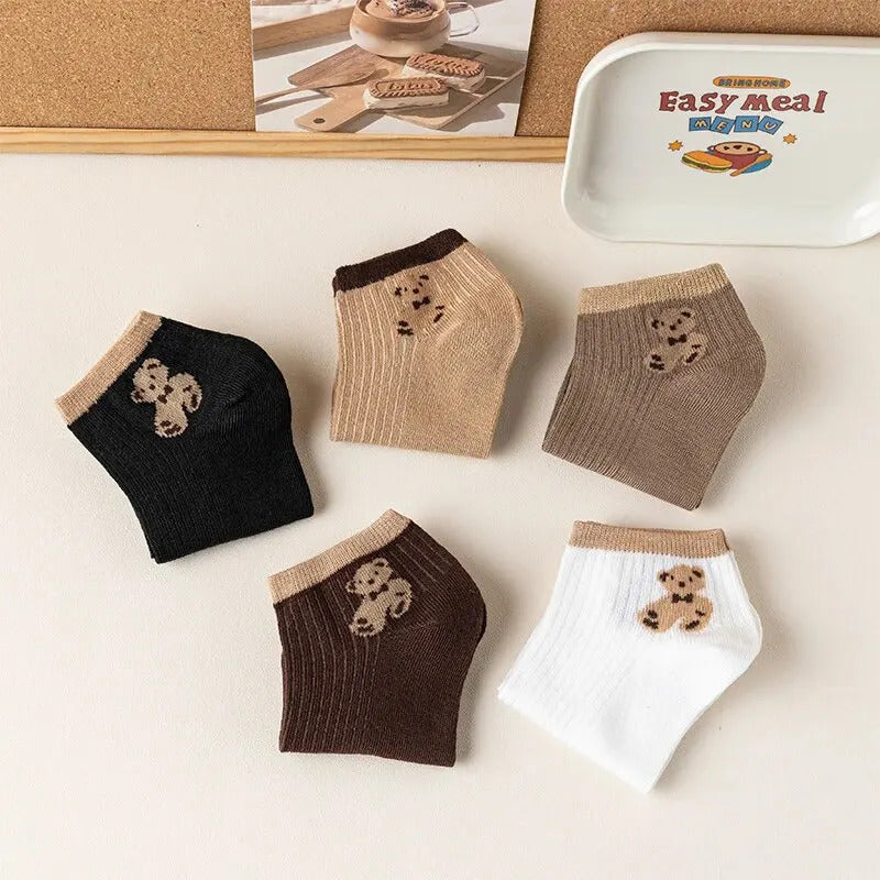 4/5/6/8 Pairs of Cute Teddy Bear Short Socks with Shallow Mouthed Spring and Summer Casual Matching Short Tube Boat Socks