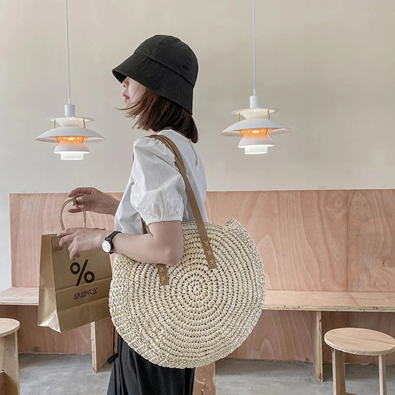 Summer Round Straw Women Vacation Woven Beach Shoulder Bag Large Capacity Hollow Out Simple Tote Bag