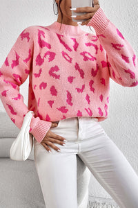 Bonbon Leopard Pattern Mock Neck Ribbed Trim Sweater