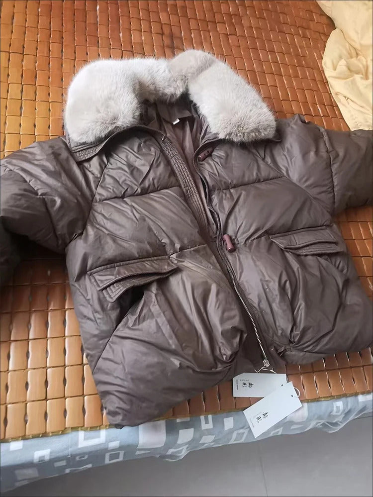 Winter New Fur Collar Puffer Down Parka Loose Down Warmer Thicken Snow Jacket Pocket Zipper Faux Fur Outerwear Female