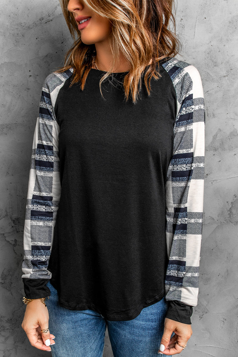 Blank Apparel - Monochrome Plaid Long Sleeves Black Pullover Top