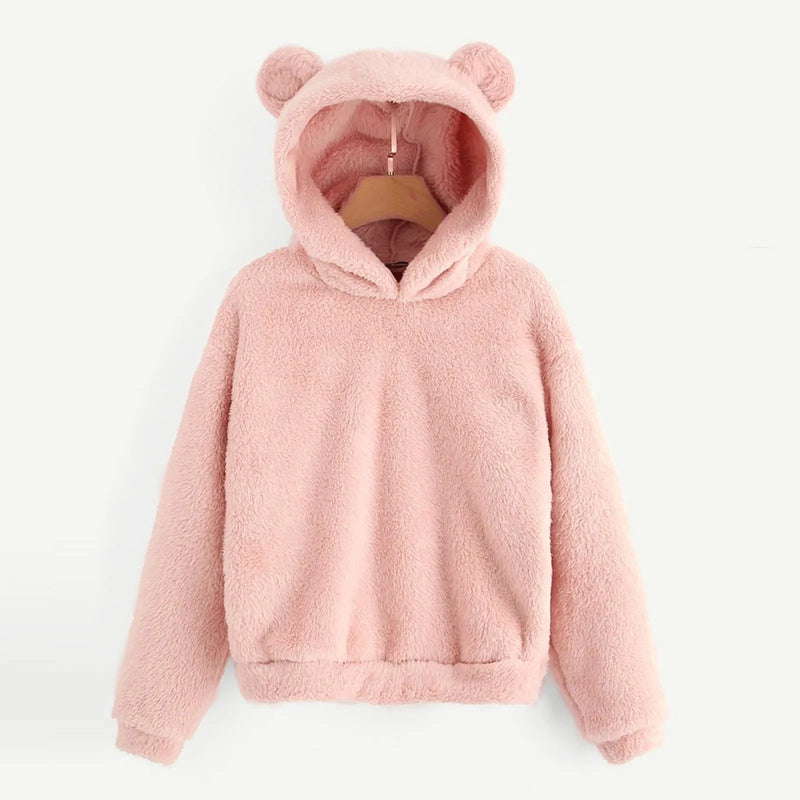 Women's Pullover Long Sleeve Fleece Sweatshirt Warm Bear Shape Fuzzy Hoodie Sweater Pullover