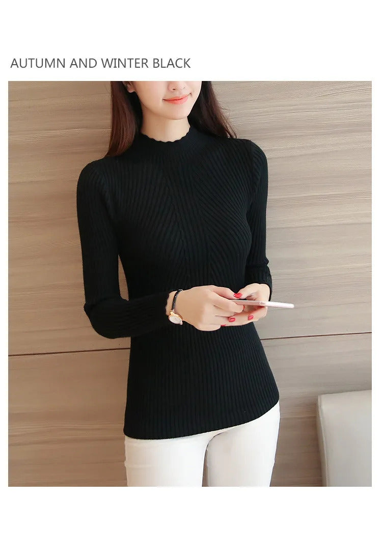 2024 Autumn Women Mock Neck Ruffles Sweater Long Sleeve Knitted Bottoming Solid Pullovers Stripe Women Casual Sweater Winter