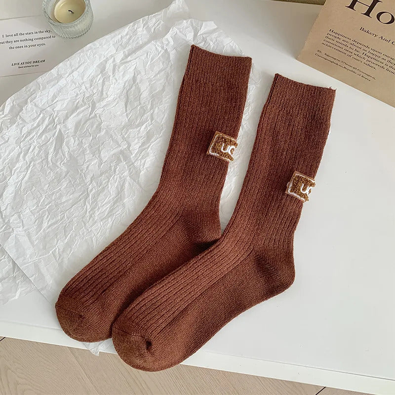 1 Pair Autumn Winter Solid Warm Velvet Thickened Pile Socks Embroidered Logo Mid-Calf Length Socks Casual Cotton Snow Boot Socks