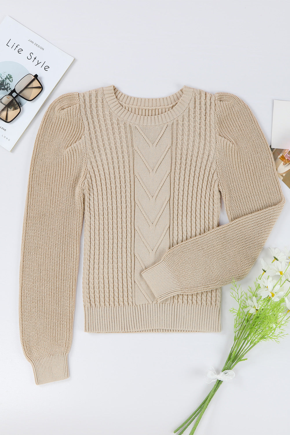 Apricot Cable Ribbed Knit Mix Pattern Puff Sleeve Sweater