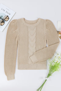 Apricot Cable Ribbed Knit Mix Pattern Puff Sleeve Sweater