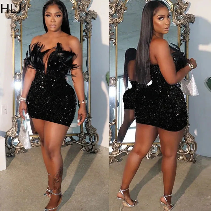 HLJ Black Feathers Sexy Luxury Sequin Tube Dress Backless Mini Bodycon Dresses for Woman Rave Club Birthday Party Night Vestidos