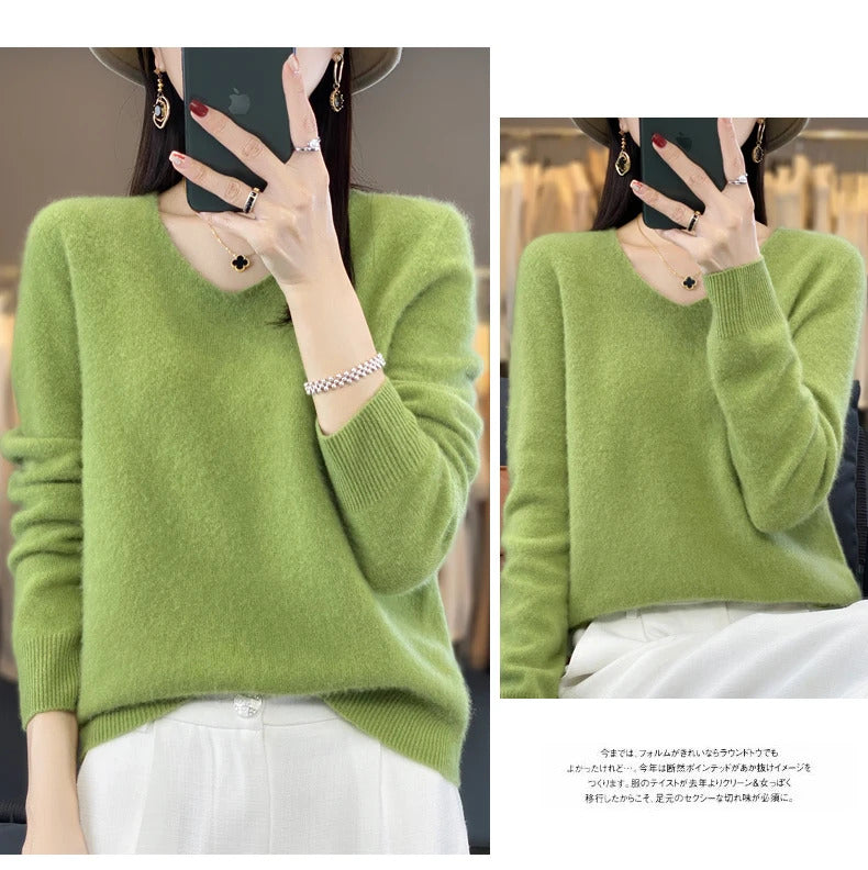 100% pure wool cashmere sweater women's V-neck pullover casual knit top autumn and winter women's coat Korean fashion