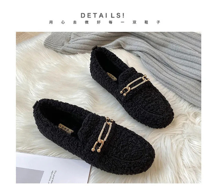 Luxury Sheep Fur Lined Loafers Women Lambswool Shoes Ladies Winter Slip On Furry Flats Cotton Wool Mocasine Femme Barefoot Boots