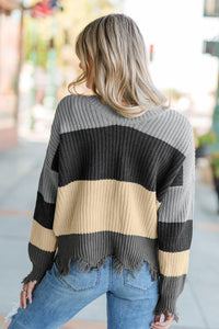 Gray Colorblock Distressed Sweater