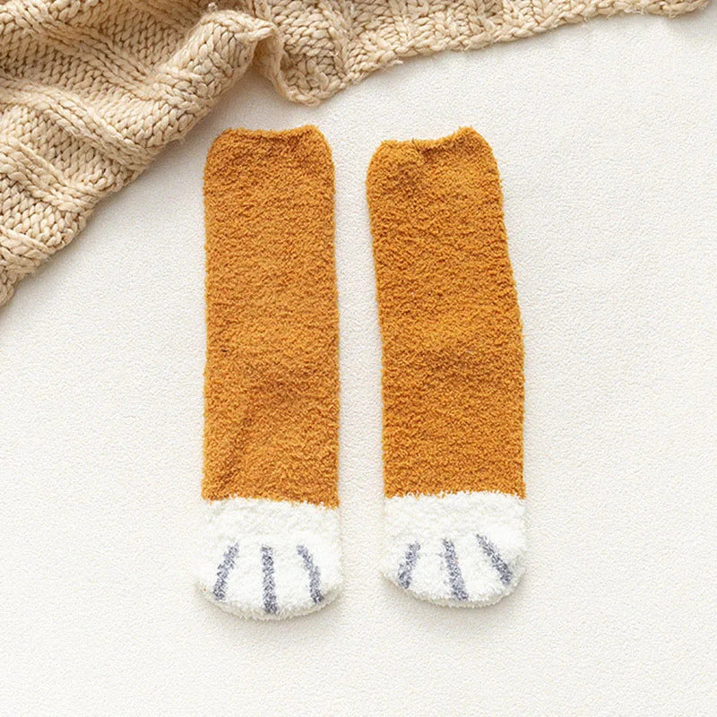 Women Winter Warm Fluffy Socks Cute Animal Claw Cat Paw Footprint Fuzzy Socks Female Thick Coral Fleece Home Floor Sleep Socks