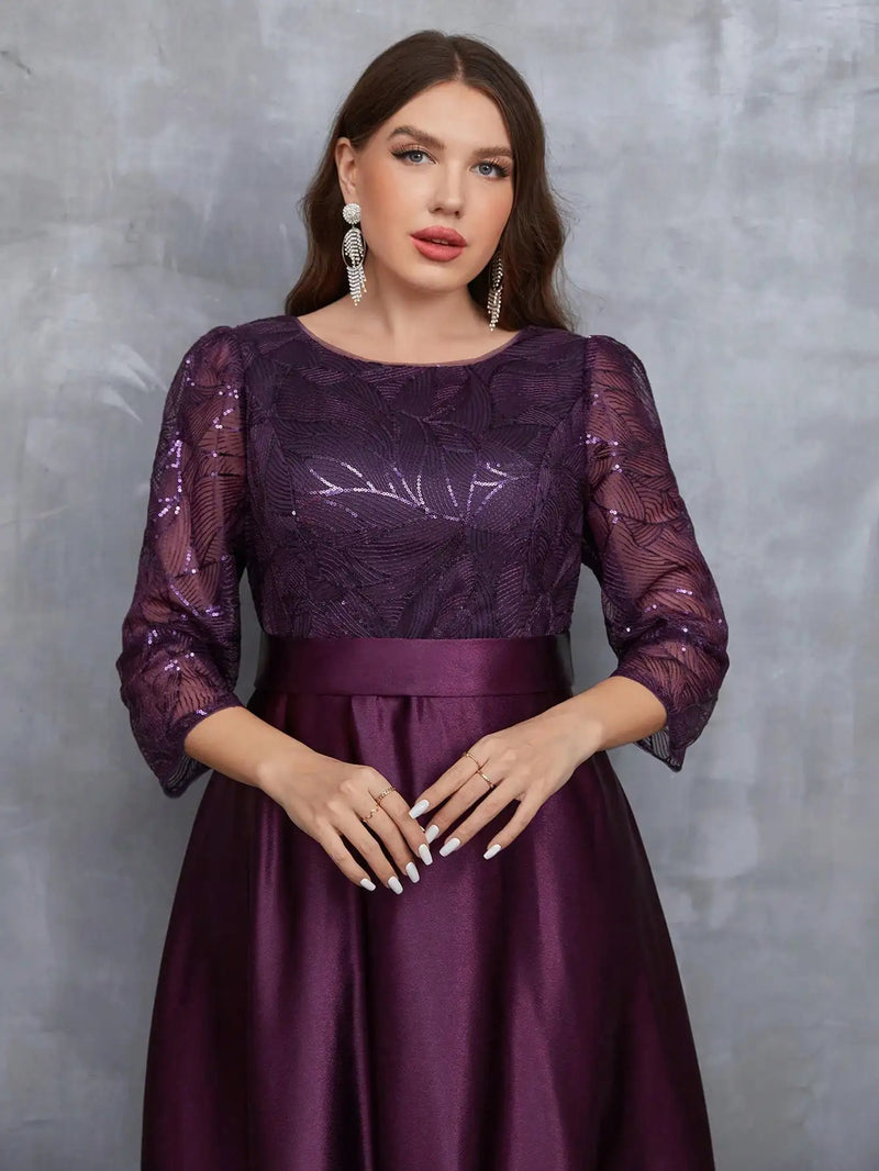 Mgiacy Crew neck long sleeve sequin patchwork satin long gown ball dress Party dress Bridesmaid dress