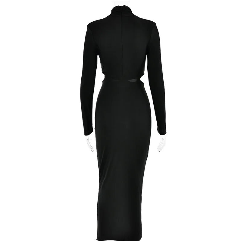 Mozision Elegant Hollow Out Sexy Maxi Dress For Women Autumn Winter New Turtleneck Long Sleeve Bodycon Club Party Evening Dress