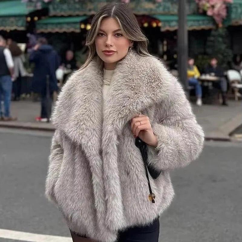 2024 Winter New Fashion Gradient Fluffy Fur Coat Women High Street Luxury Big Fur Collar Faux Fox Fur Jacket Female Overcoats