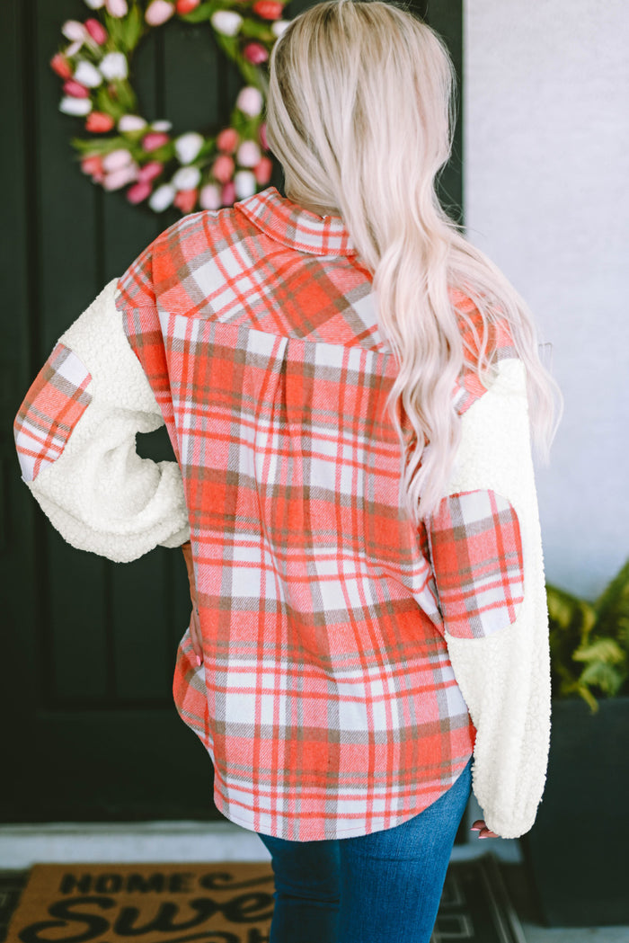 Fiery Red Sherpa Sleeve Plaid Print Shacket