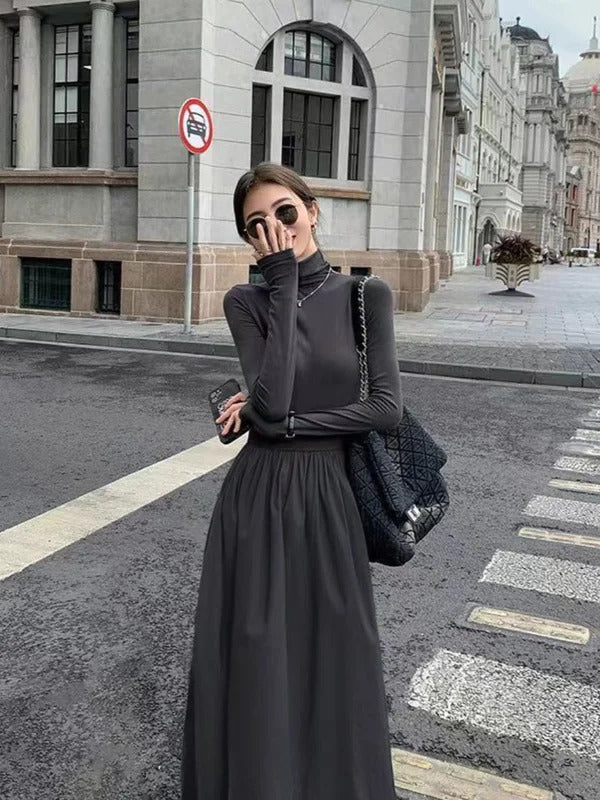 With Coat Knitted Fishtail Dress Women Autumn and Winter Long Hepburn Sle Black Dress Slim fit Inner wear Bottoming Sweater...