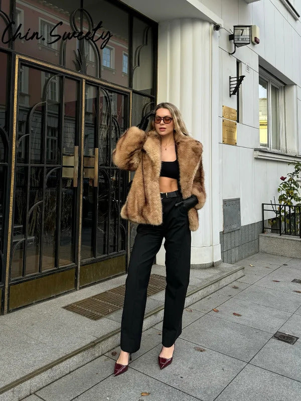 Street Faux Fur Women Coat Urban Full Sleeve Lapel Panelled Pocket Female Outwear 2024 Autumn Winter Elegant Lady Outwear