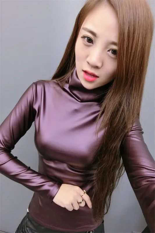 Korean Fashion 2020 Autumn and Winter New Fashion Turtleneck Solid Color PU Leather Long-sleeved Fleece Jacket Slimming Top