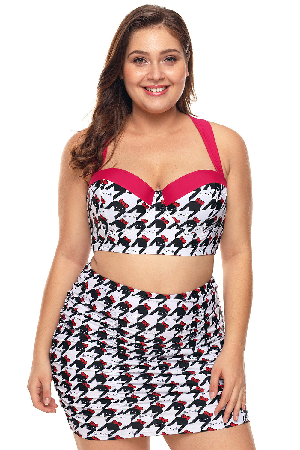 Black White Kitty Print Plus Size Bikini Top with Skirt Swimwear