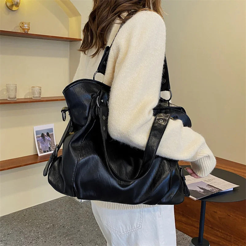 Large Capacity Black Shoulder Bags For Women Large Shopper Bag Solid Color Soft Leather Crossbody Handbag Lady Travel Tote Bag