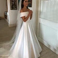 Simple A Line Wedding Dresses Satin Off The Shoulder Wedding Bridal Gowns Sweep Train Casual Dresses Zipper With Buttons Back