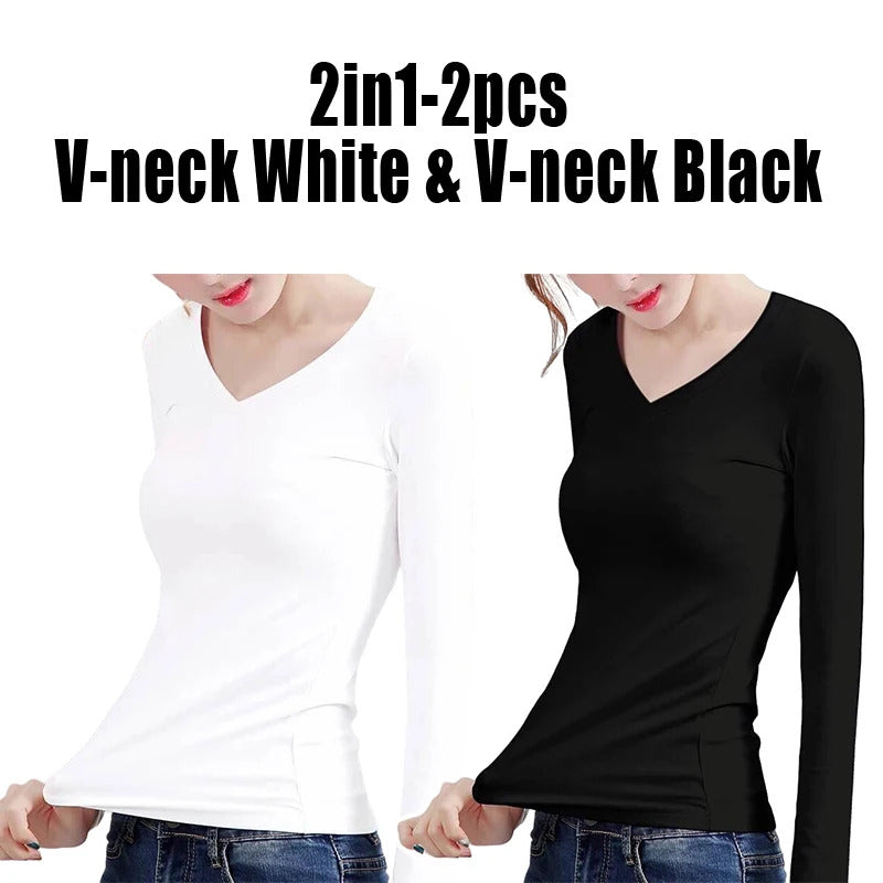 O Neck V Neck Long Sleeve Shirt Women Winter Bottoming Crop Tops Black Casual  Slim Basic Velvet Heating Fiber Thermal T-Shirts