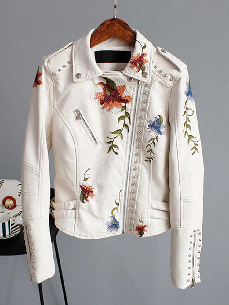 Ly Varey Lin Floral Print Embroidery Faux Soft Leather Jacket Women Pu Motorcycle Coat Female Black Punk Zipper Rivet Outerwear