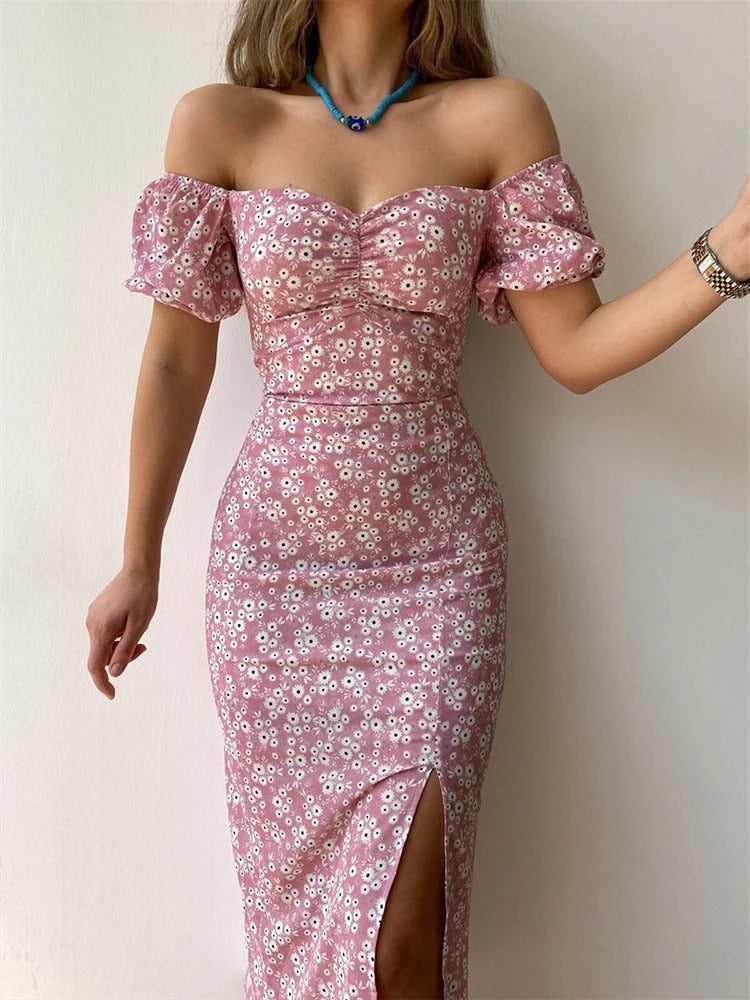 Sexy Floral Print Short Sleeve Hip Wrap Party Dress Elegant Off Shoulder Backless Dress New Summer Waist Slit Boho Long Dresses