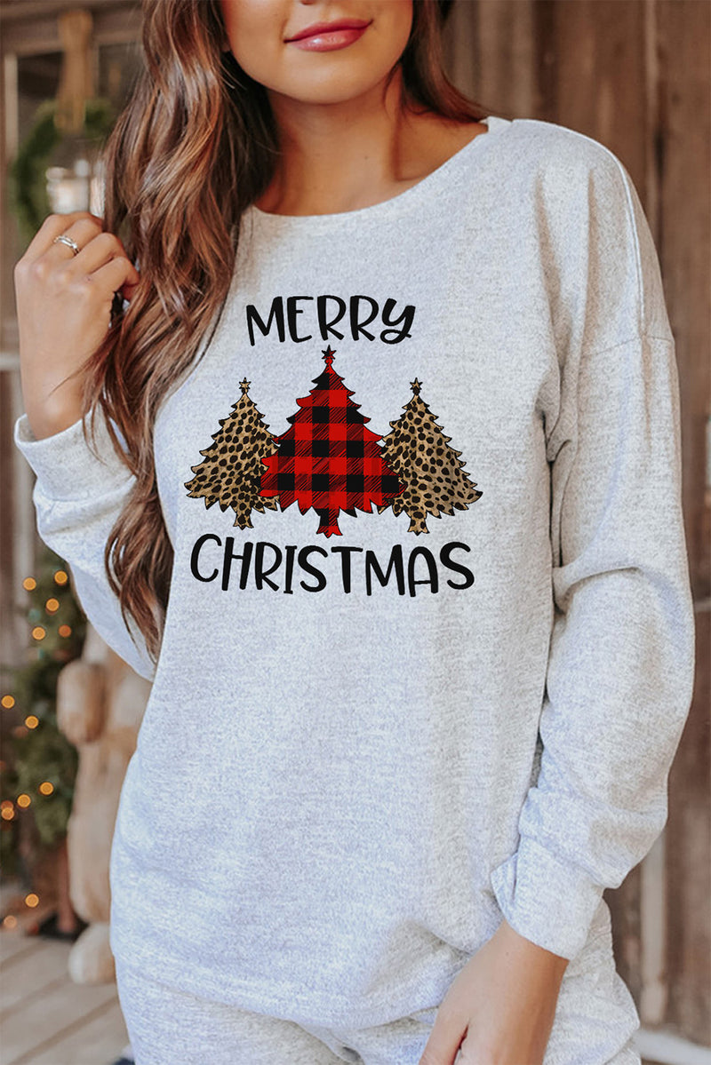 Gray Merry Christmas Trees Print Two Piece Loungewear