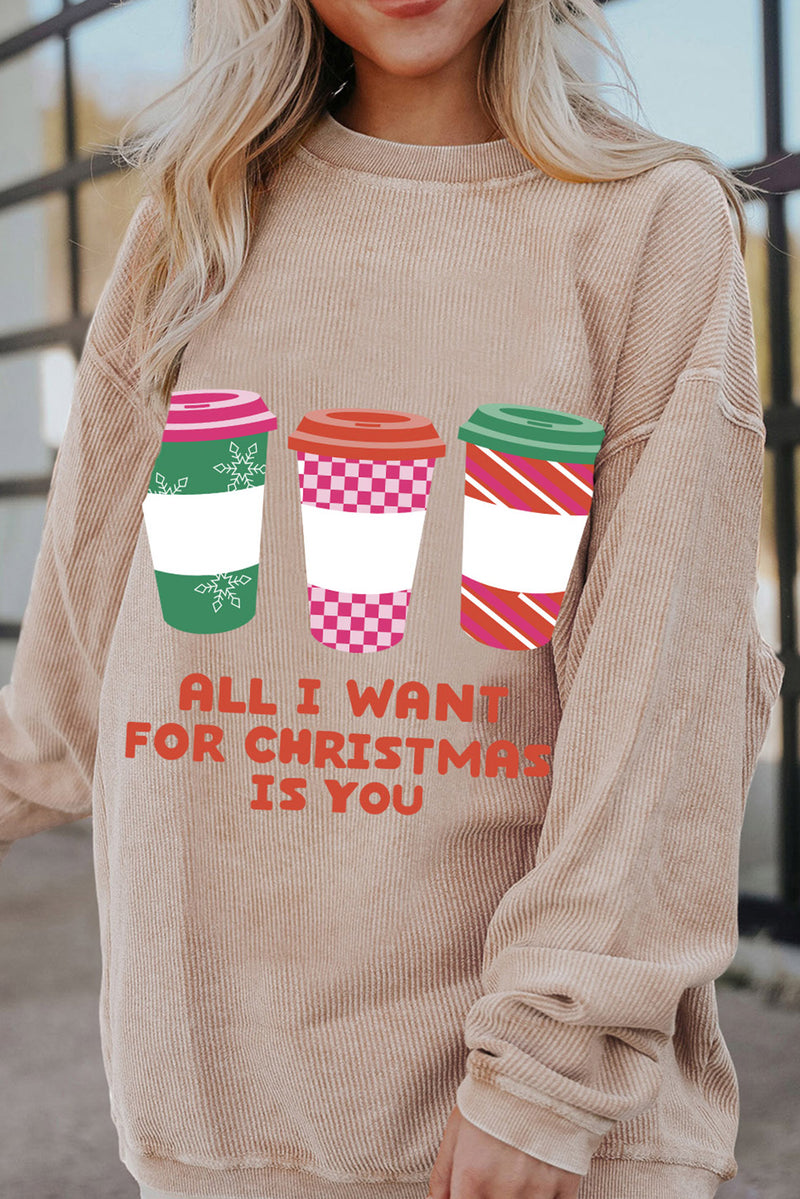 Apricot All I Want For Christmas Is You Ribbed Pullover Sweatshirt