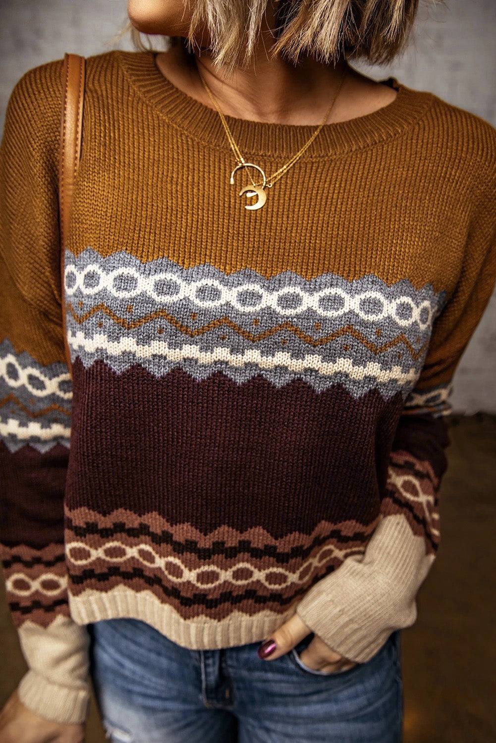 Brown Printed Crew Neck Knit Sweater