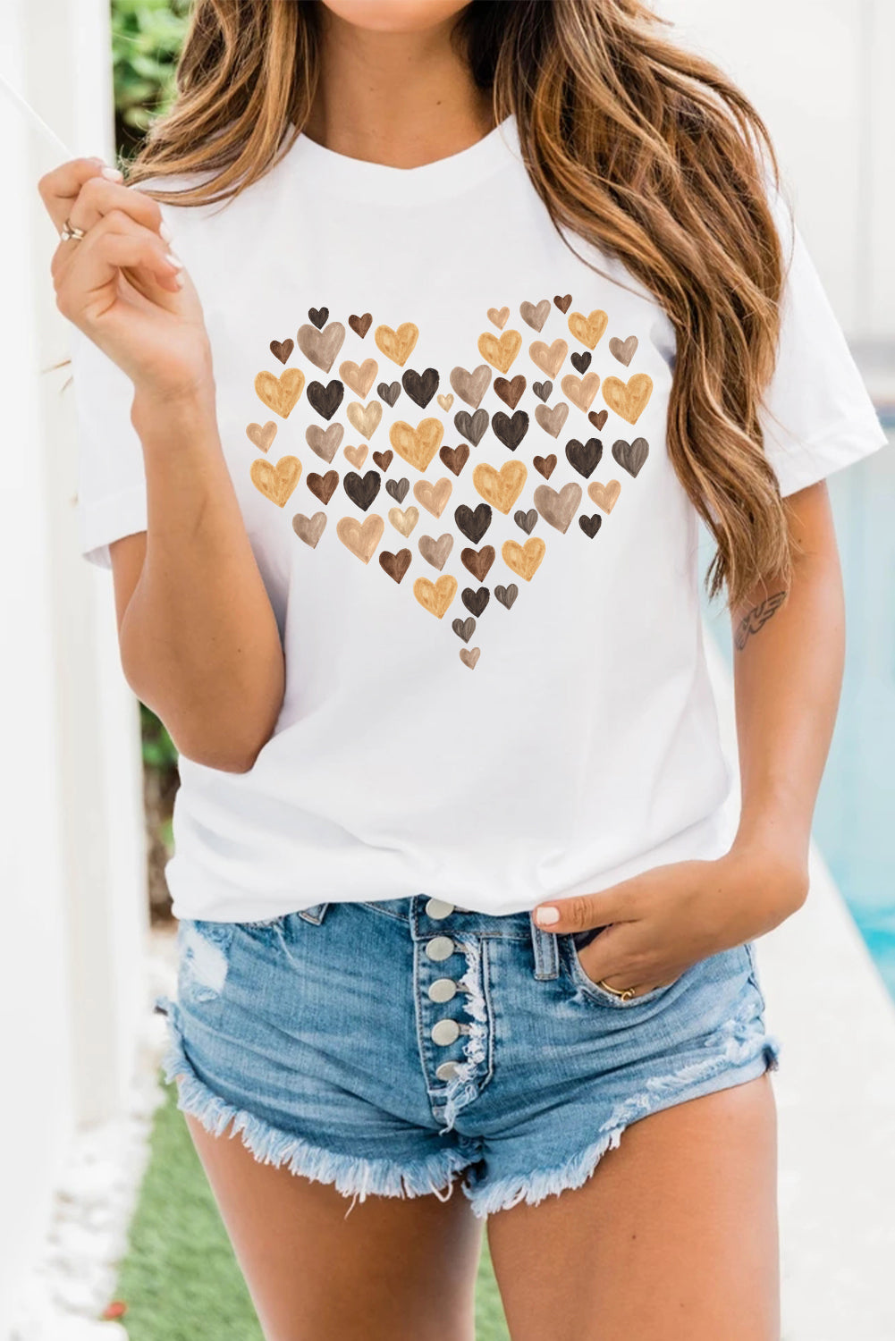 White Valentine's Day Heart Shaped Print Crew Neck Graphic Tee