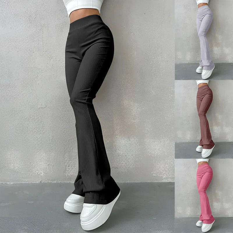 Women's Sexy Slim Pants Ribbed Solid Color Pants High Waisted Flared Pants Showing Longer Legs All-match Sports Long Pants