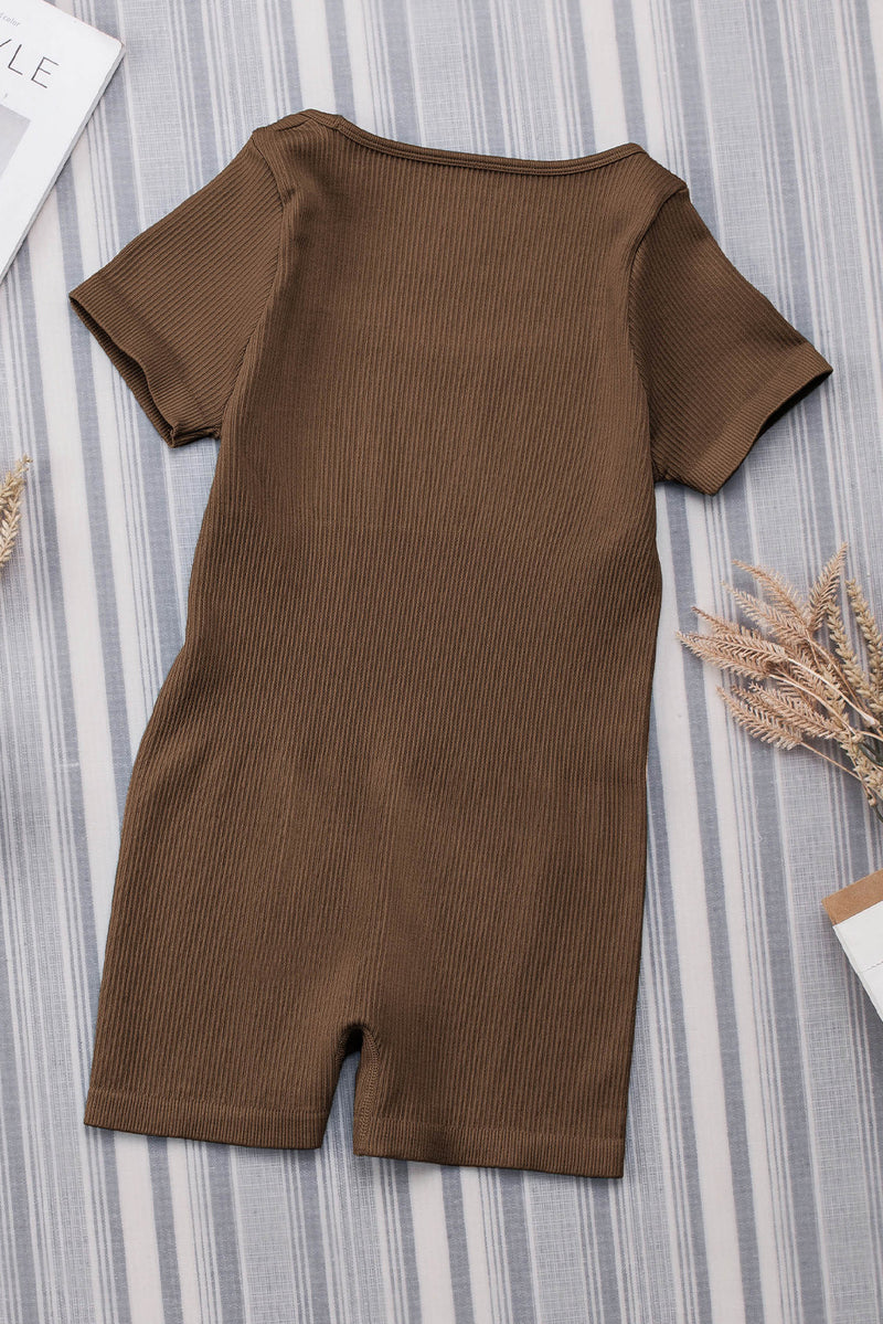 Brown Ribbed Square Neck Short Sleeve Athleisure Romper