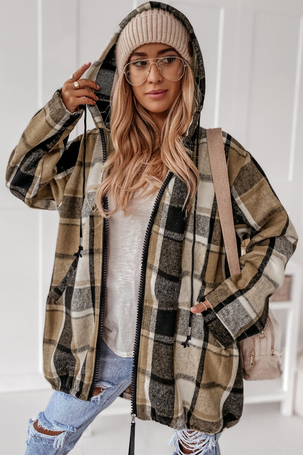 Brown Checkered Drawstring Hooded Zip-Up jacket