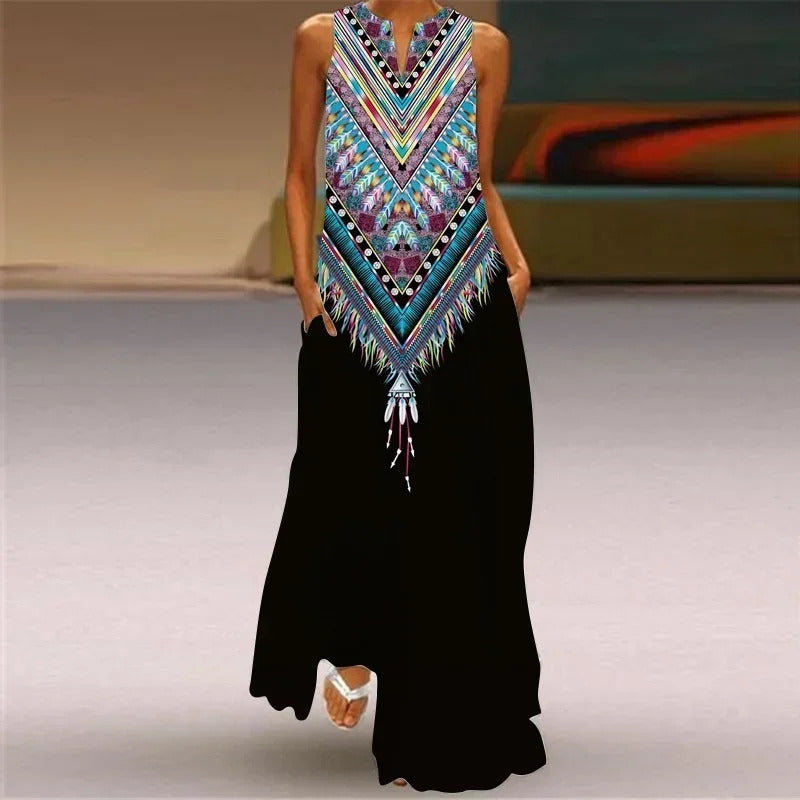 Women's summer Boho vintage maxi dress Women's pocket loose casual print A-line dresses