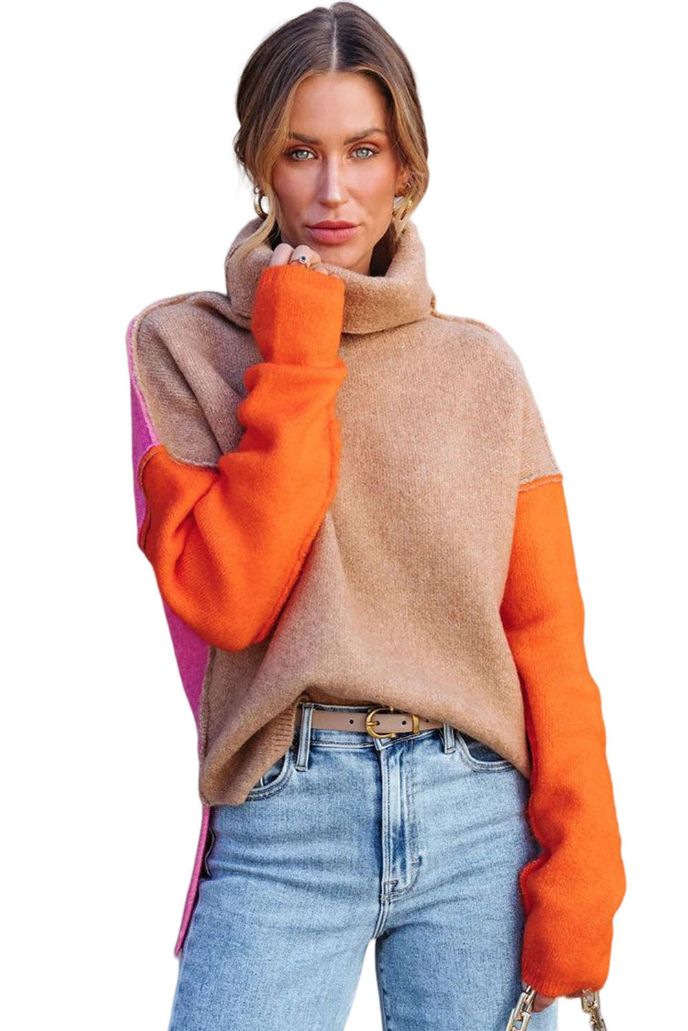 Clay Red Color Block Turtle Neck Drop Shoulder Knit Sweater