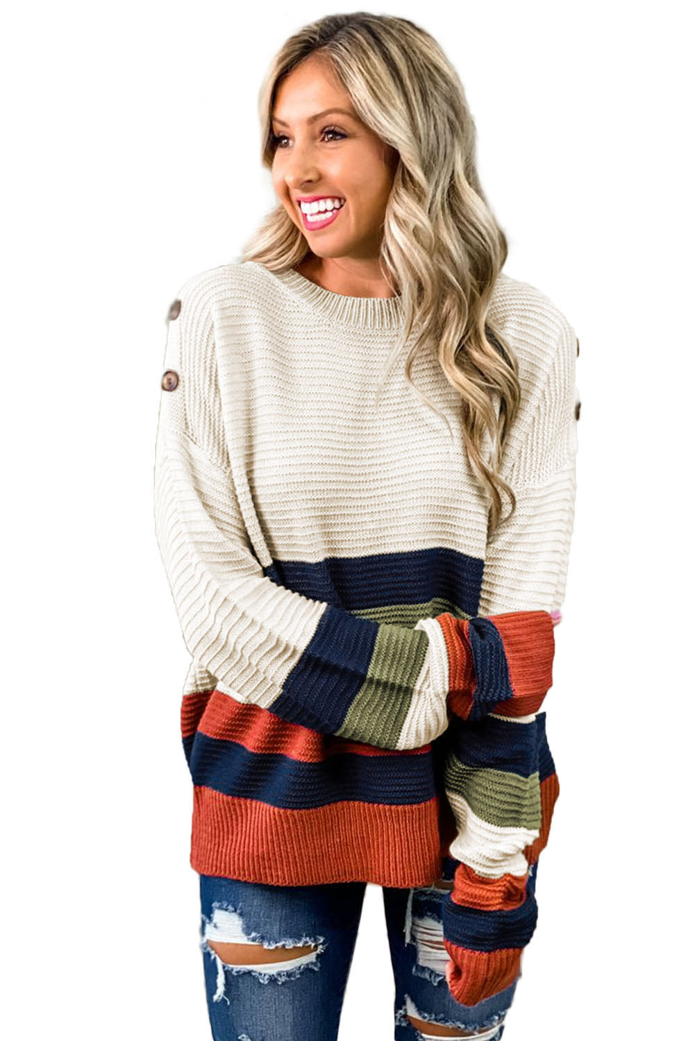 White Buttoned Shoulder Drop Shoulder Striped Sweater