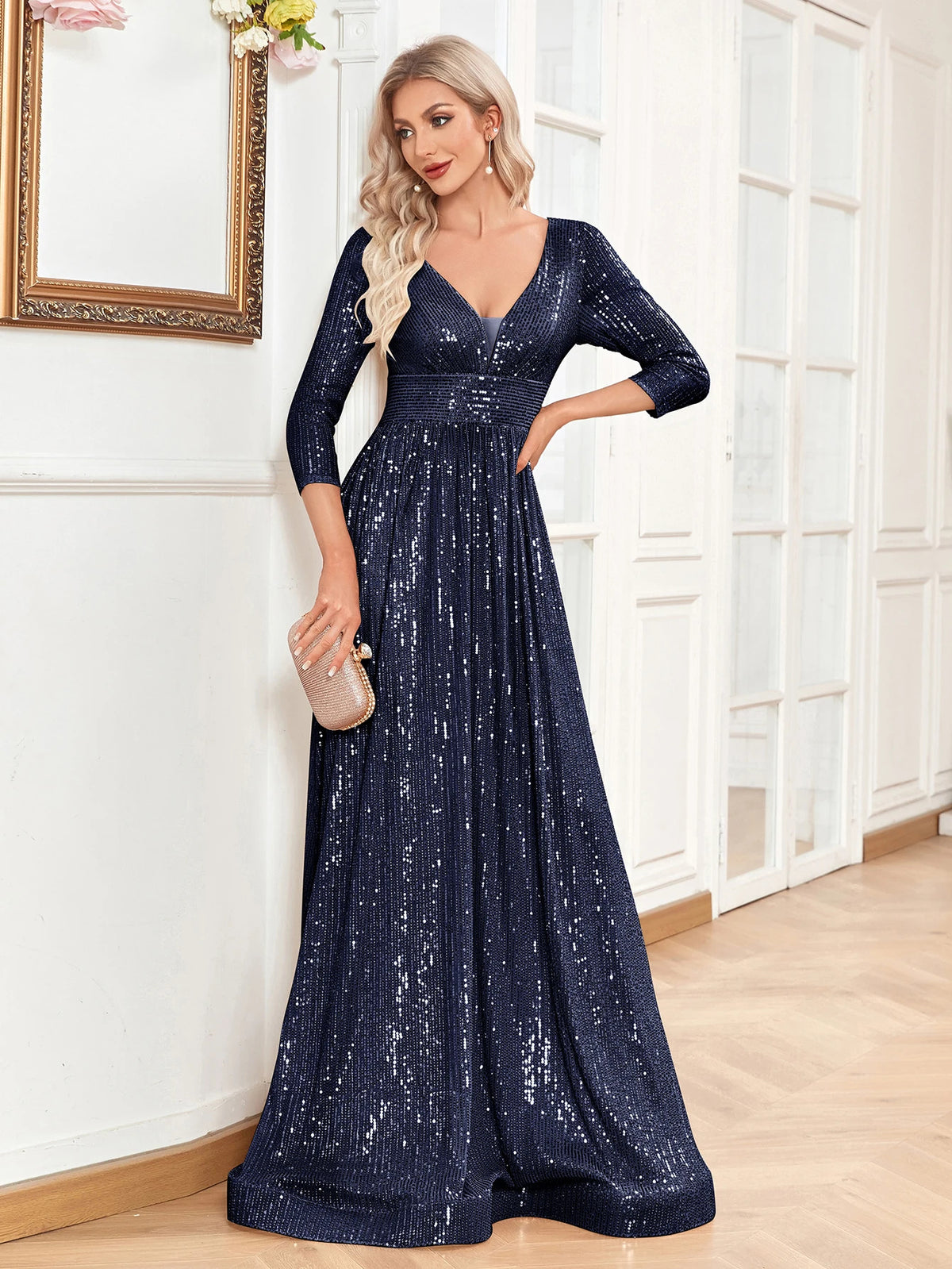 Lucyinlove Luxury V Neck Long Sleeves Blue Sequins Formal Evening Dress Women 2024 Wedding Party Prom Maxi Cocktail Dress Gowns