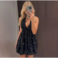 Sexy Sequin Velvet Sleeveless Dress Women Black Shinny V-neck A-line Loose Evening Dresses Female 2025 Fashion Solid Party Robe