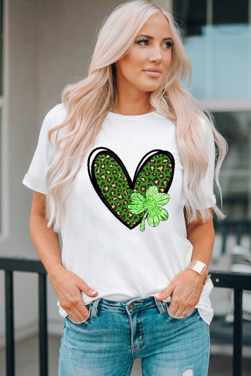 White Clover Leopard Heart Shaped Print Crewneck Graphic Tee