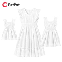 PatPat 100% Cotton Family Matching Outfits White Hollow-Out Floral Embroidered Ruffle Sleeveless Dress for Mom and Me Dresses