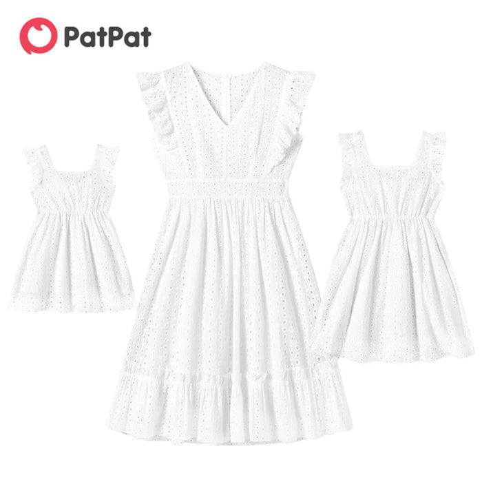 PatPat 100% Cotton Family Matching Outfits White Hollow-Out Floral Embroidered Ruffle Sleeveless Dress for Mom and Me Dresses