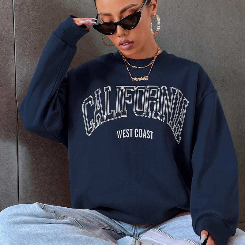 Korean Trend Woman Sweatshirts California West Coast Print Female hoodie Long Sleeves O-neck Pullovers Sporty and Rich Clothing