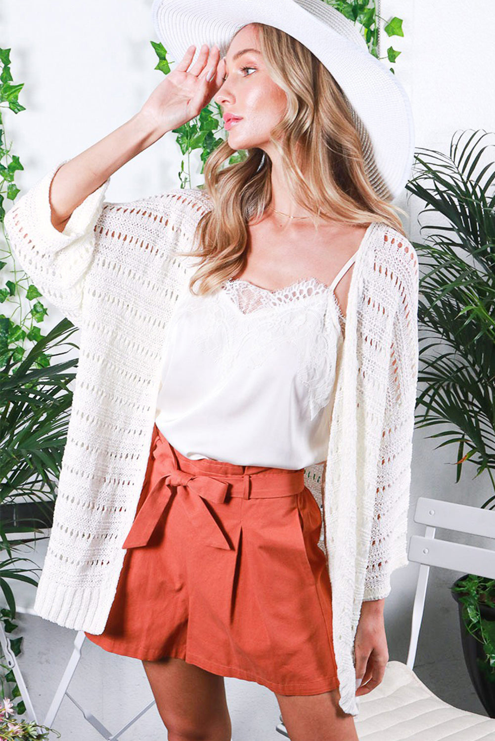 White Pointelle Knit Bracelet Sleeve Open Cardigan