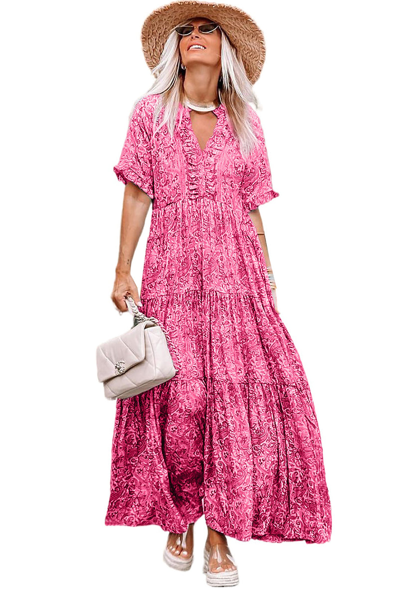 Udressshop Women's Paisley Print Boho Holiday Ruffle Tiered Maxi Dress