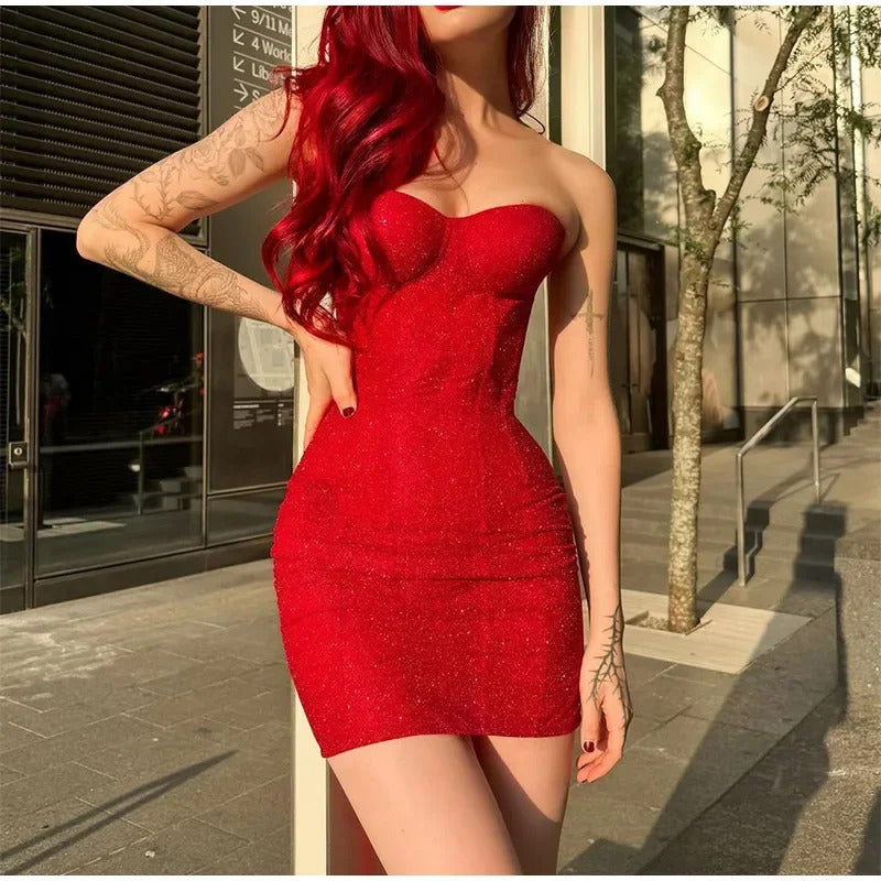 Sexy Red Shinny Bodycon High Waist Mini Dress Women Fashion Strapless Sleeveless Back Drawstring Gown 2025 New Party Club Wear