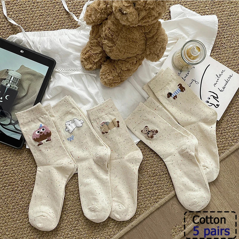 3/5/6/10 Pairs of WOMEN and MEN Cotton Socks, Casual Breathable Short Socks, and Girls' Cartoon Bear Low Cut Ankle Boat Socks