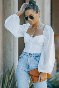 White Criss Cross Backless Puff Sleeve Bodysuit